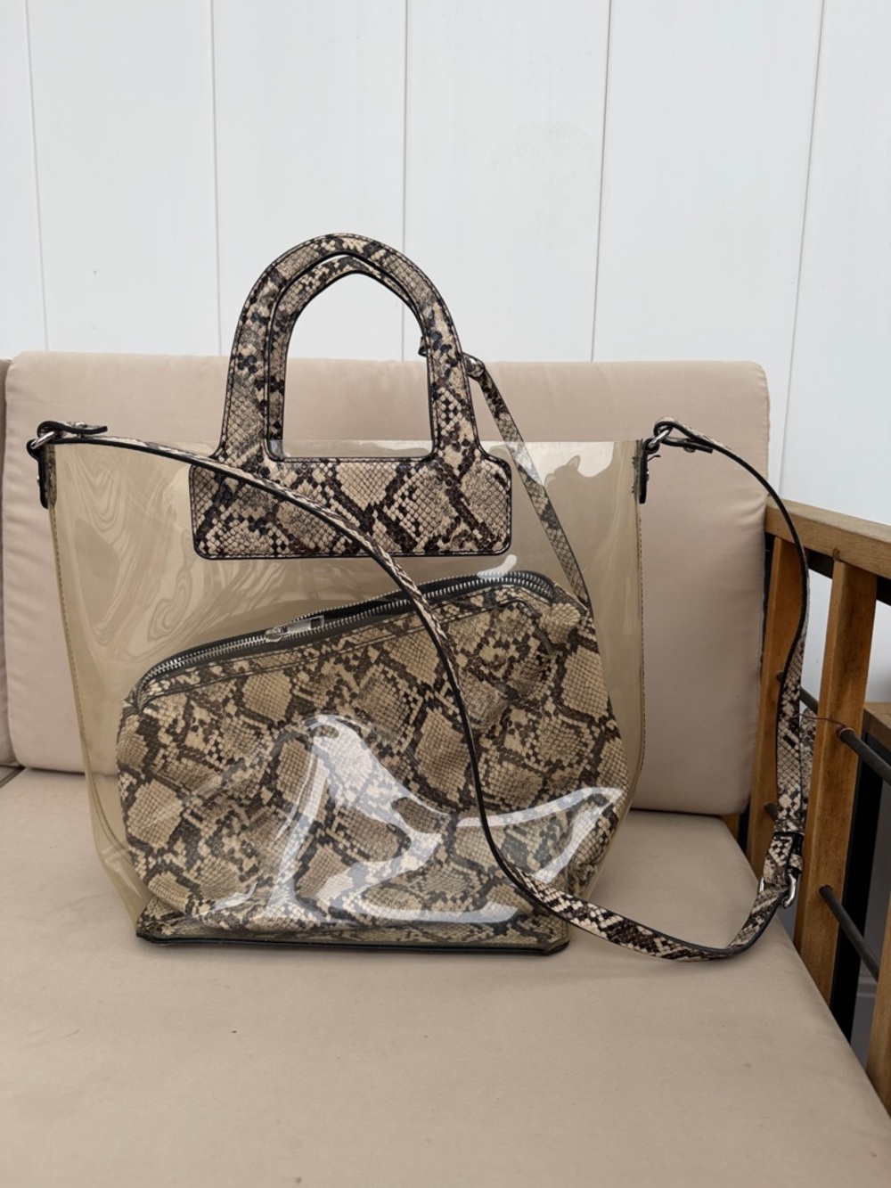 Zara Clear Tote with Snakeskin-Print Pouch and Trim